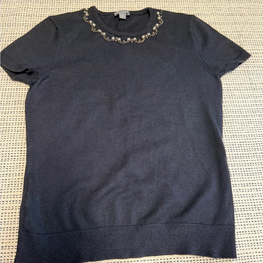 🔥🔥5/$25! Ann Taylor Black Embellished Silk/Cashmere Blend Short Sleeve Top